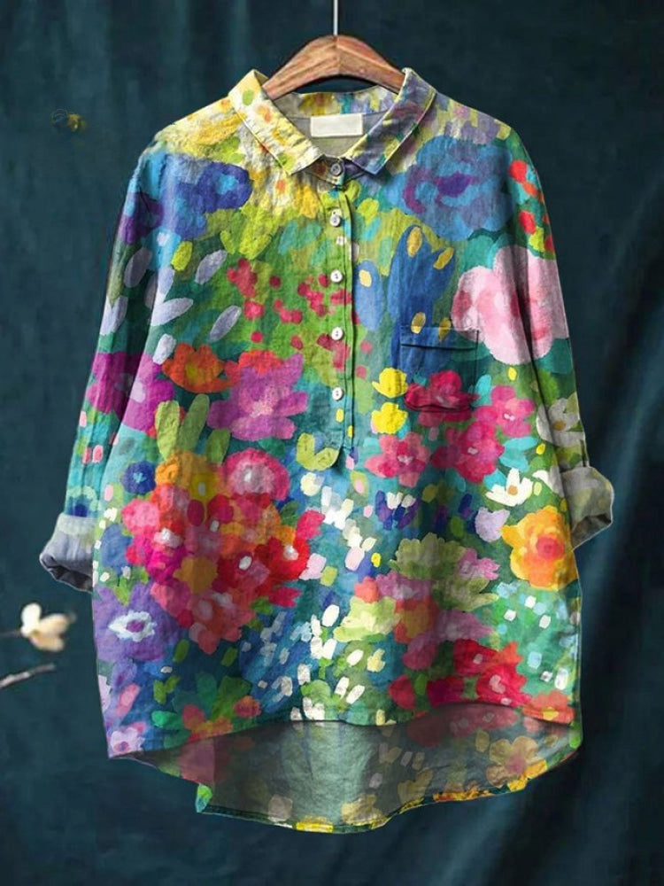 Chemise brodée florale vibrante Lina de Danoir Paris, motif coloré, tissu léger, style élégant et féminin.