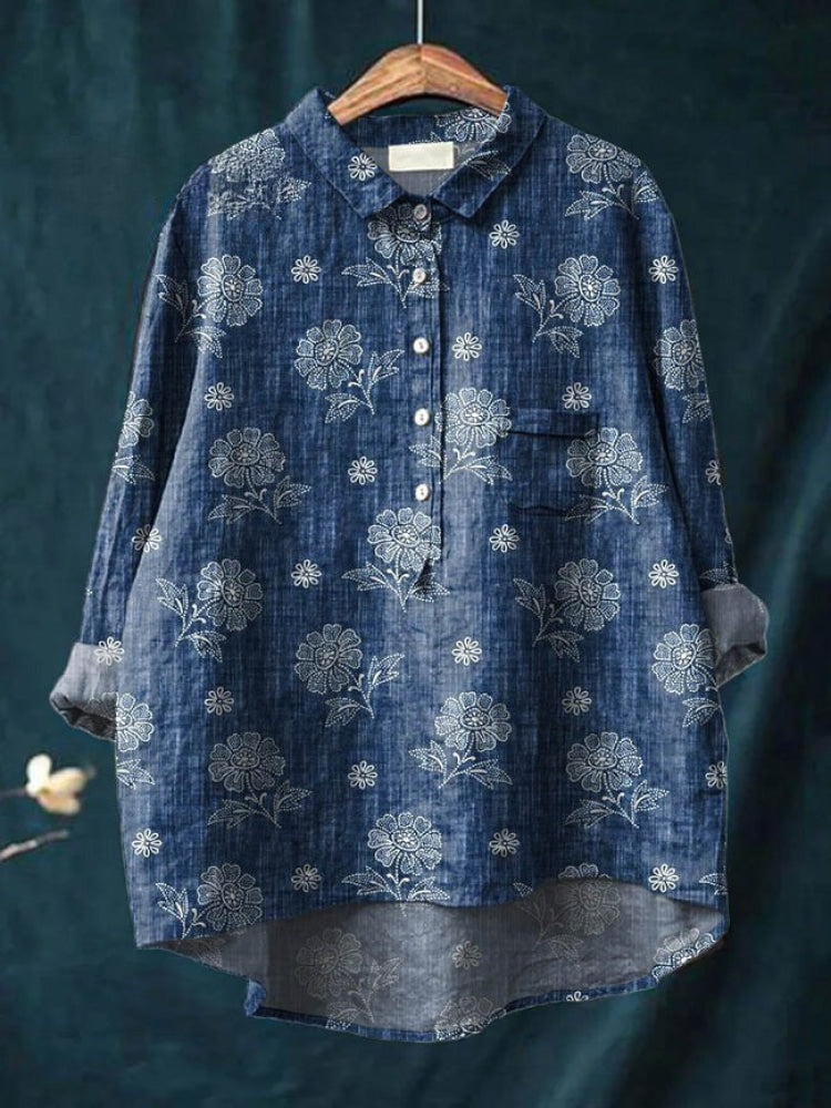 Chemise florale brodée Lina de Danoir Paris, motif coloré et vibrant, en tissu léger et élégant, vue de face.