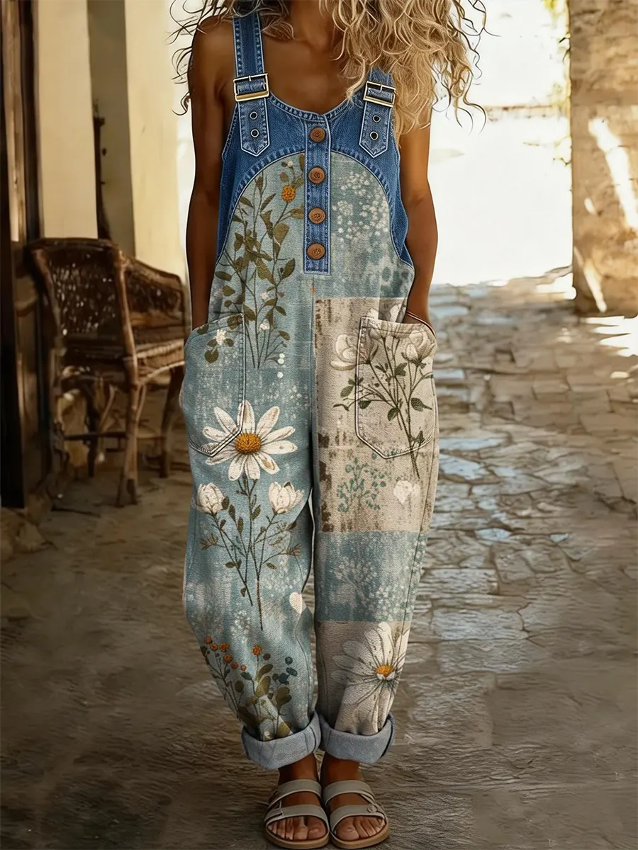Combinaison en denim patchwork multicolore Maréa de Danoir Paris avec imprimé floral, manches longues et coupe décontractée.