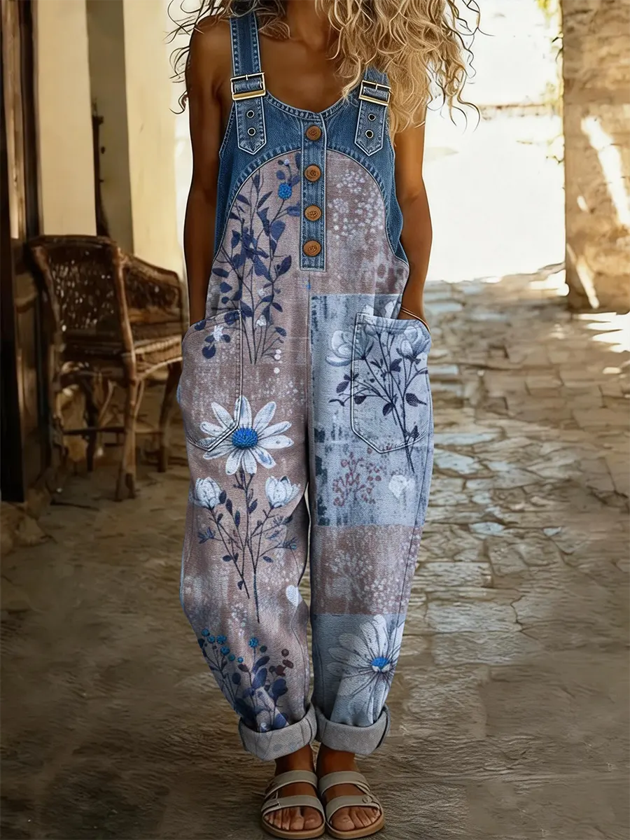 Combinaison en jean patchwork multicolore avec imprimé floral de la marque Danoir Paris, style décontracté et tendance.