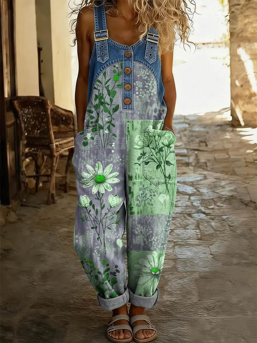 Combinaison en jean patchwork multicolore Danoir Paris avec imprimé floral, coupe ajustée et détails colorés.