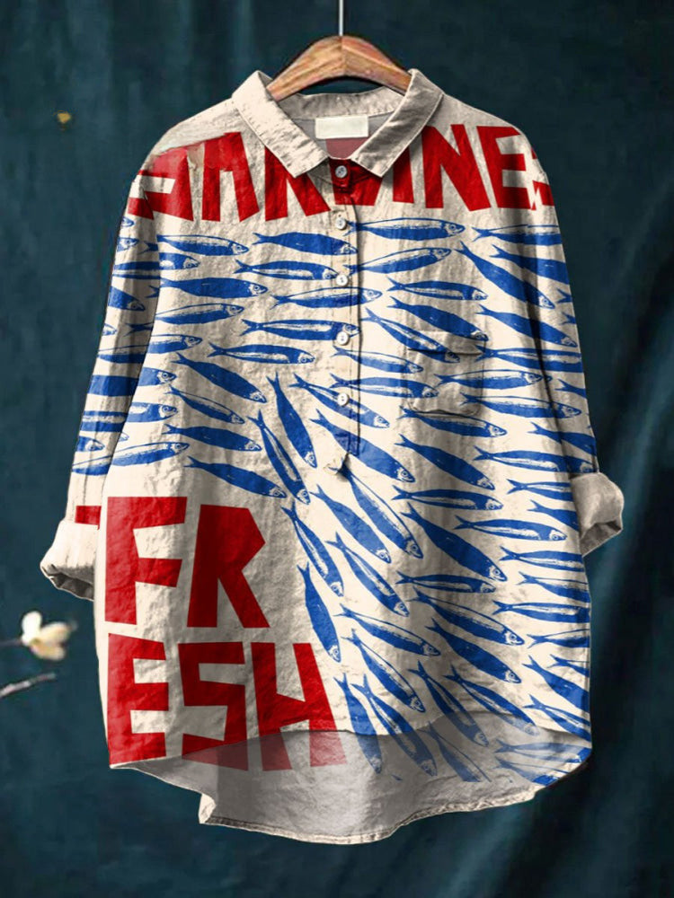Chemise à imprimé sardines fraîches Ocean de Danoir Paris, motif multicolore, tissu léger et élégant.