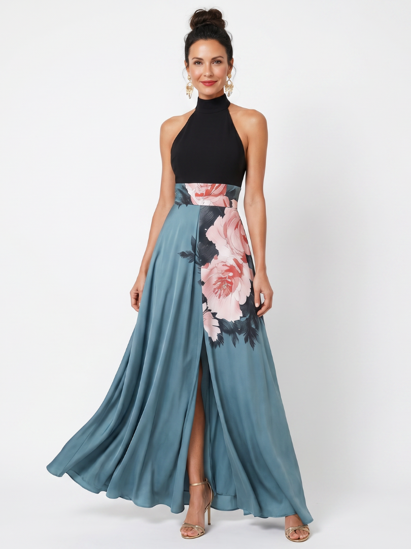 Robe longue maxi Danoir Paris Olympas à bustier halter, motif floral multicolore, jupe fluide, style élégant et féminin.