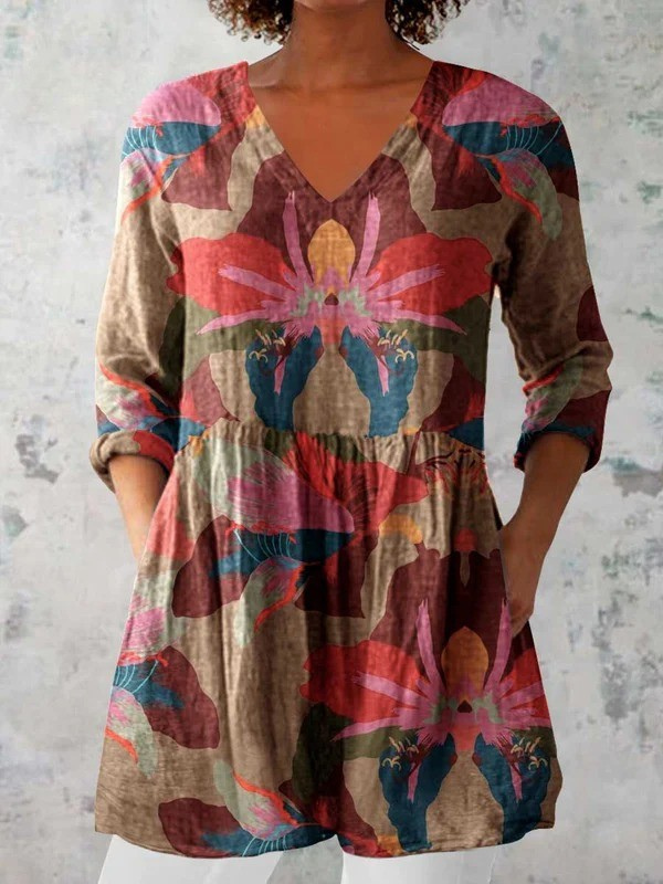 Blouse longue multicolore Danoir Paris Sarah avec col en V, tissu fluide et style élégant pour femme.