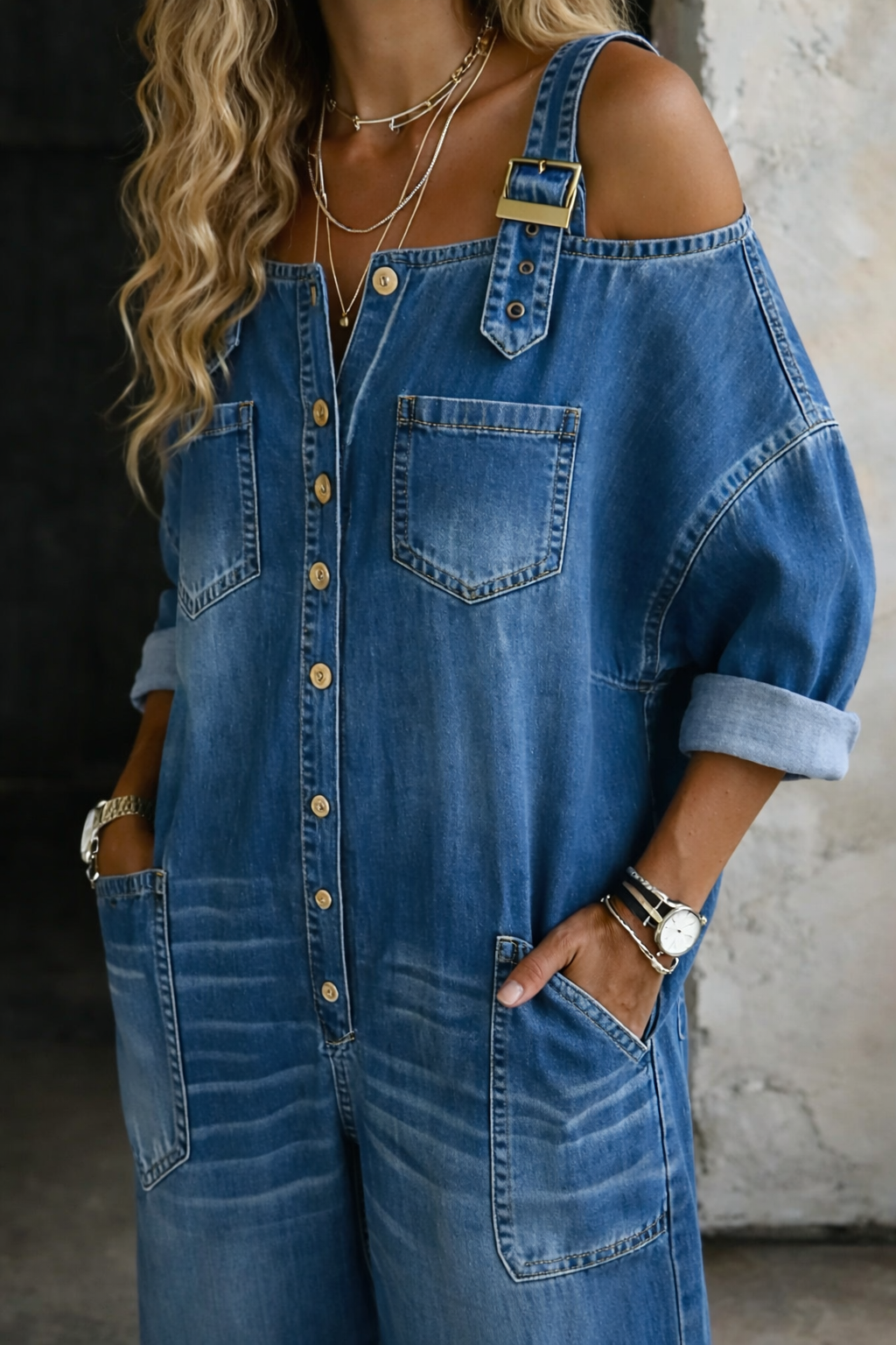 Combinaison en jean Sophia à épaules dénudées de Danoir Paris, multicolore, style décontracté et tendance.