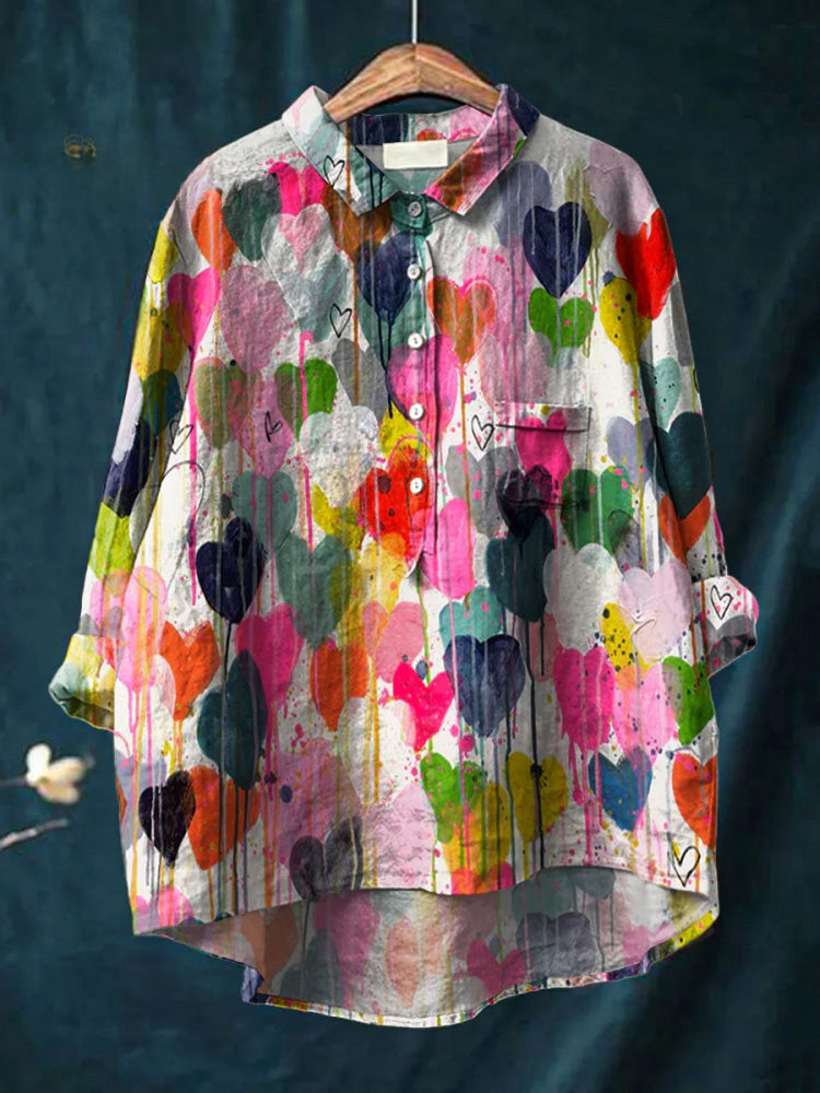 Chemise colorée Valentina avec motif de cœurs multicolores, marque Danoir Paris, vêtement féminin élégant et tendance.