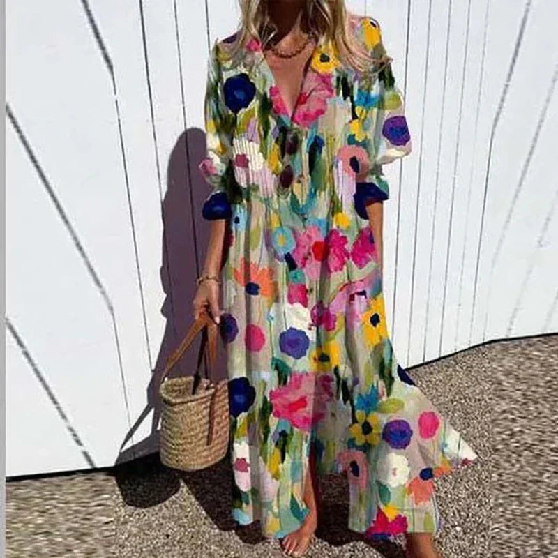 Robe bohème chic Odessa de Danoir Paris avec motifs colorés, tissu léger et style élégant pour un look décontracté.