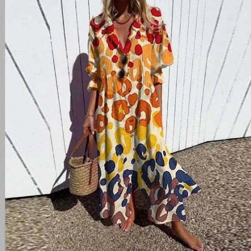 Robe bohème chic Odessa de Danoir Paris avec motifs multicolores, tissu léger et style élégant pour femme.