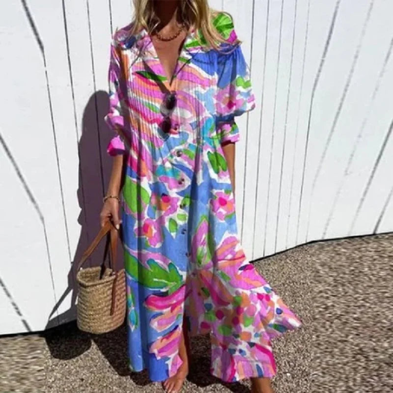 Robe bohème chic Odessa de Danoir Paris avec motifs multicolores, tissu léger et style élégant pour femmes.