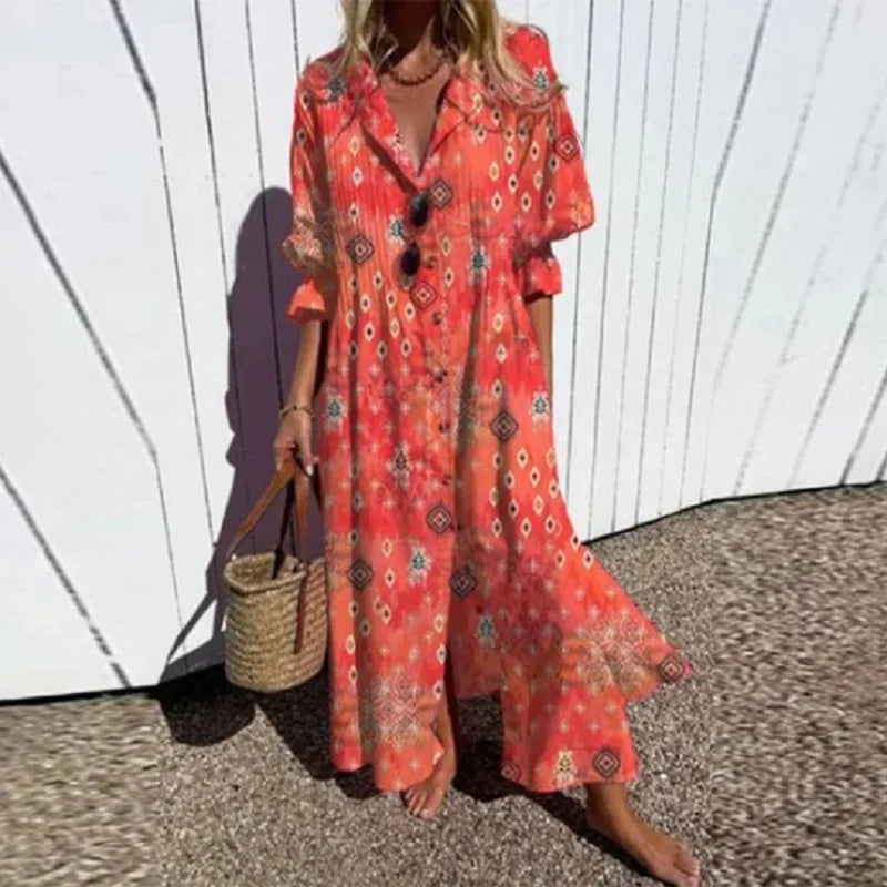 Robe bohème chic Odessa de Danoir Paris avec motif multicolore, élégante et fluide, idéale pour un style décontracté et sophistiqué.