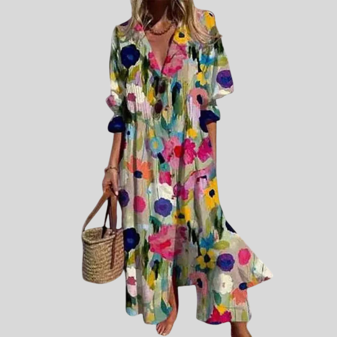 Robe maxi bohémienne élégante Zariah de Danoir Paris, motif multicolore, longue et fluide, parfaite pour un style sophistiqué.