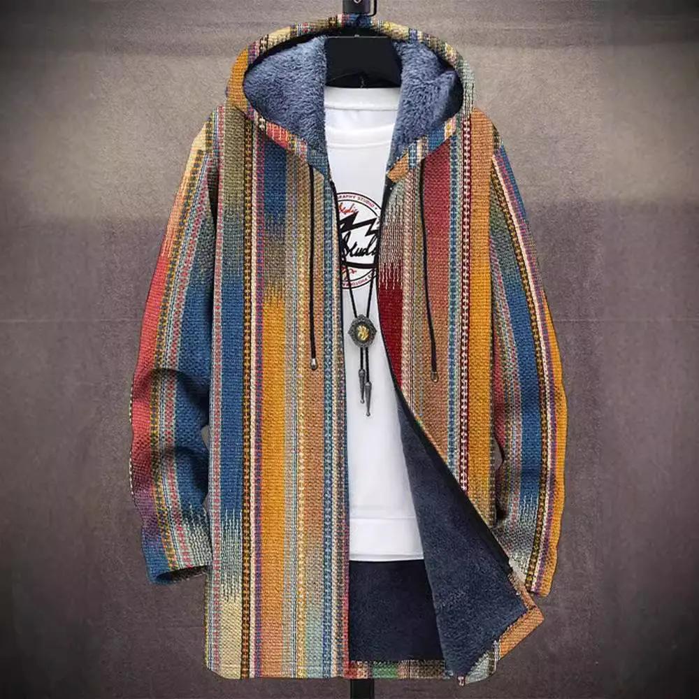 Gilet de luxe Annet Danoir Paris multicolore et jaune, inspiré par l'art, porté avec détails visibles.
