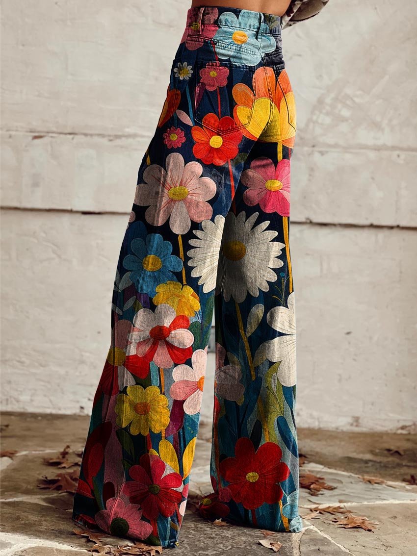 Pantaloni larges fleuris Léna de Danoir Paris, motifs colorés, tissu fluide, taille 36-38, parfait pour un style décontracté.