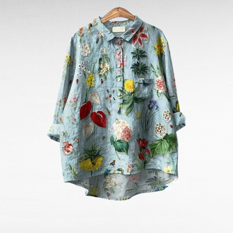 Blouse d'été en lin multicolore Béatrice de Danoir Paris, coupe élégante et légère pour la saison chaude.