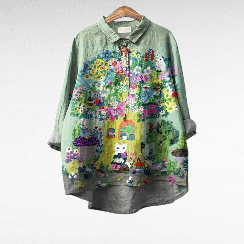 Blouse d'été en lin Caroline de Danoir Paris, élégante, multicolore, légère et confortable pour la saison estivale.