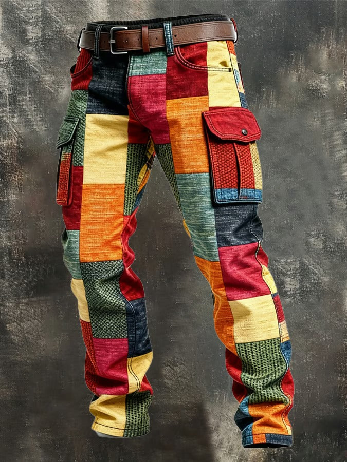 Pantalon cargo homme patchwork Danoir Paris, multicolore, style décontracté avec poches latérales et détails colorés.