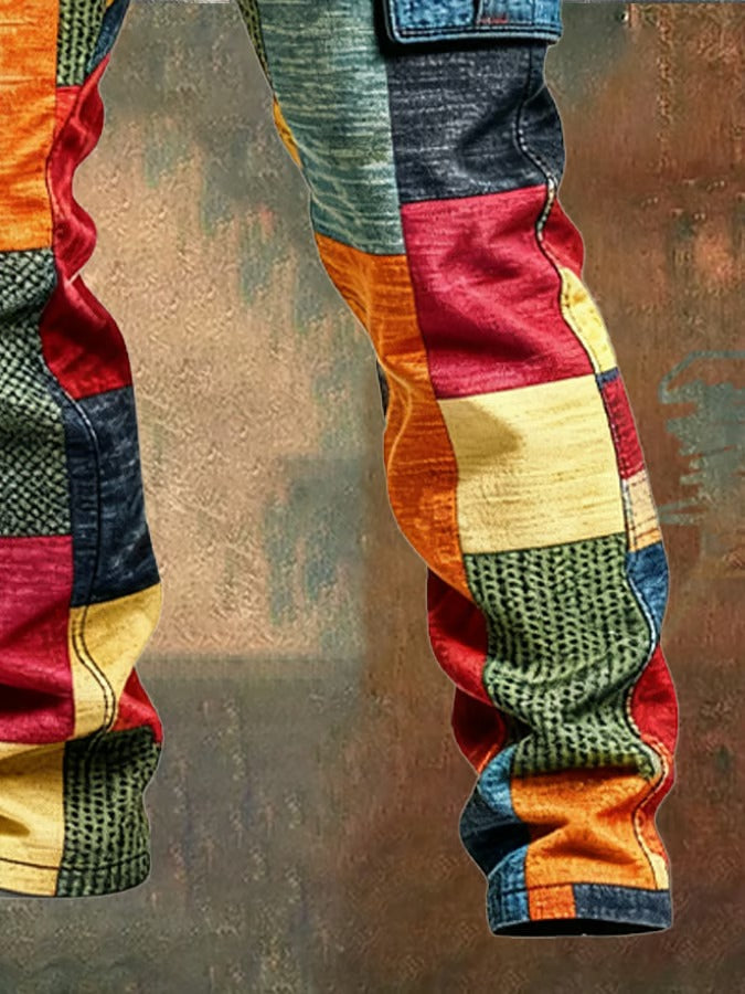 Pantalon cargo homme Danoir Paris™ à patchwork multicolore, style décontracté et tendance, vue en gros plan.