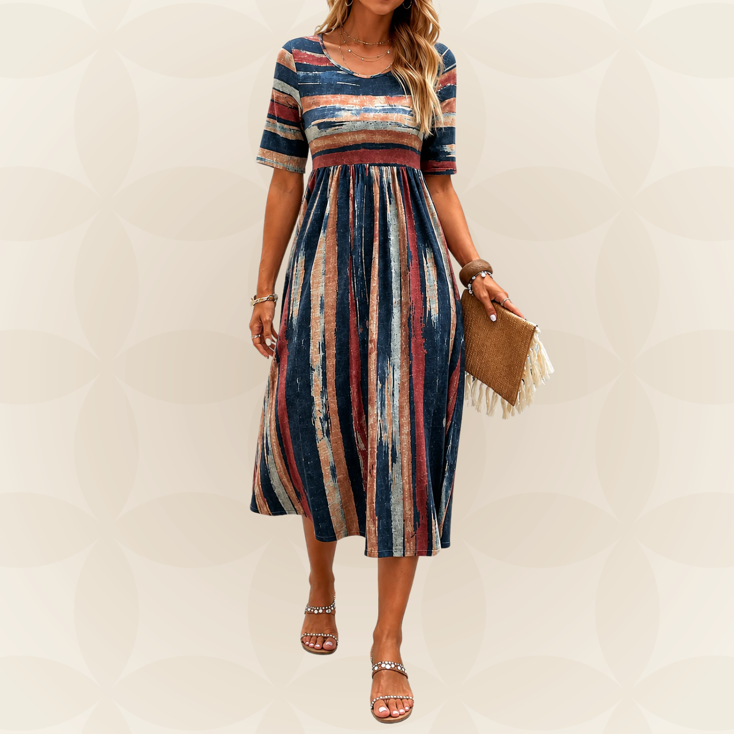 Robe midi rayée camouflante du ventre Danoir Paris, style élégant avec motif multicolore, portée décontractée.