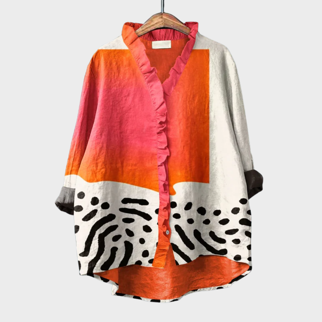 Blouse d'été élégante Melinda de Danoir Paris en lin multicolore, vue de face avec détails de tissu léger.