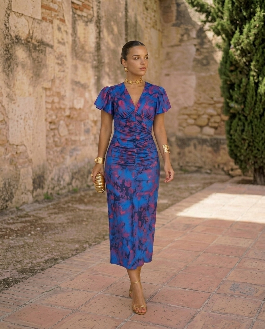 Robe midi orange Danoir Paris Carla avec imprimé floral et manches bouffantes, portée élégante et tendance.