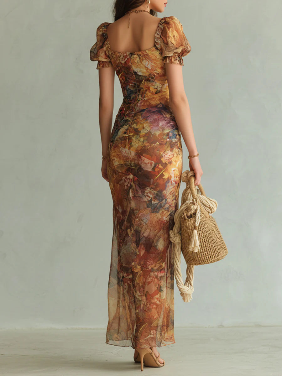 Robe longue violette Danoir Paris avec imprimé peinture à l'huile de style bohème, tissu fluide et élégant.