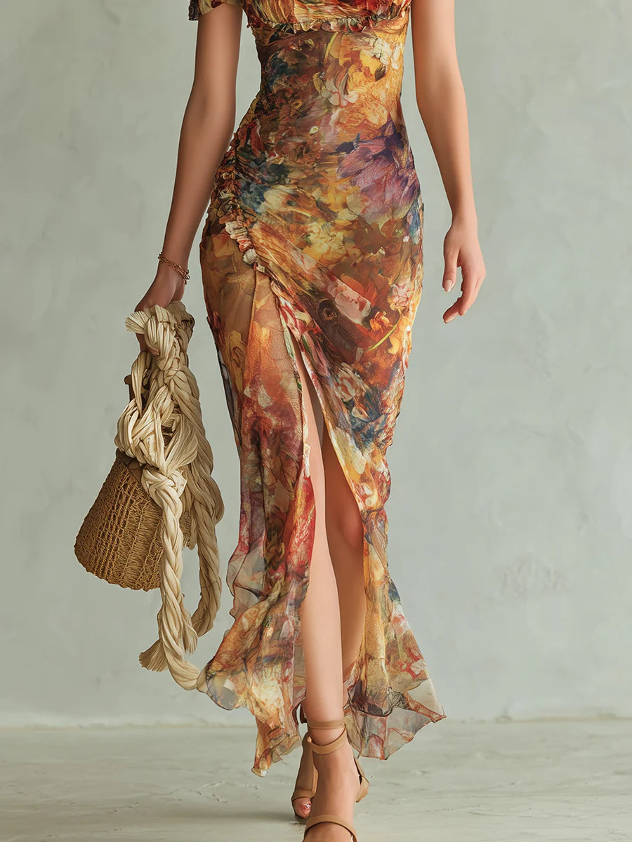 Robe longue Danoir Paris Viola avec imprimé peinture à l'huile de style bohème, couleur orange, coupe fluide et élégante.
