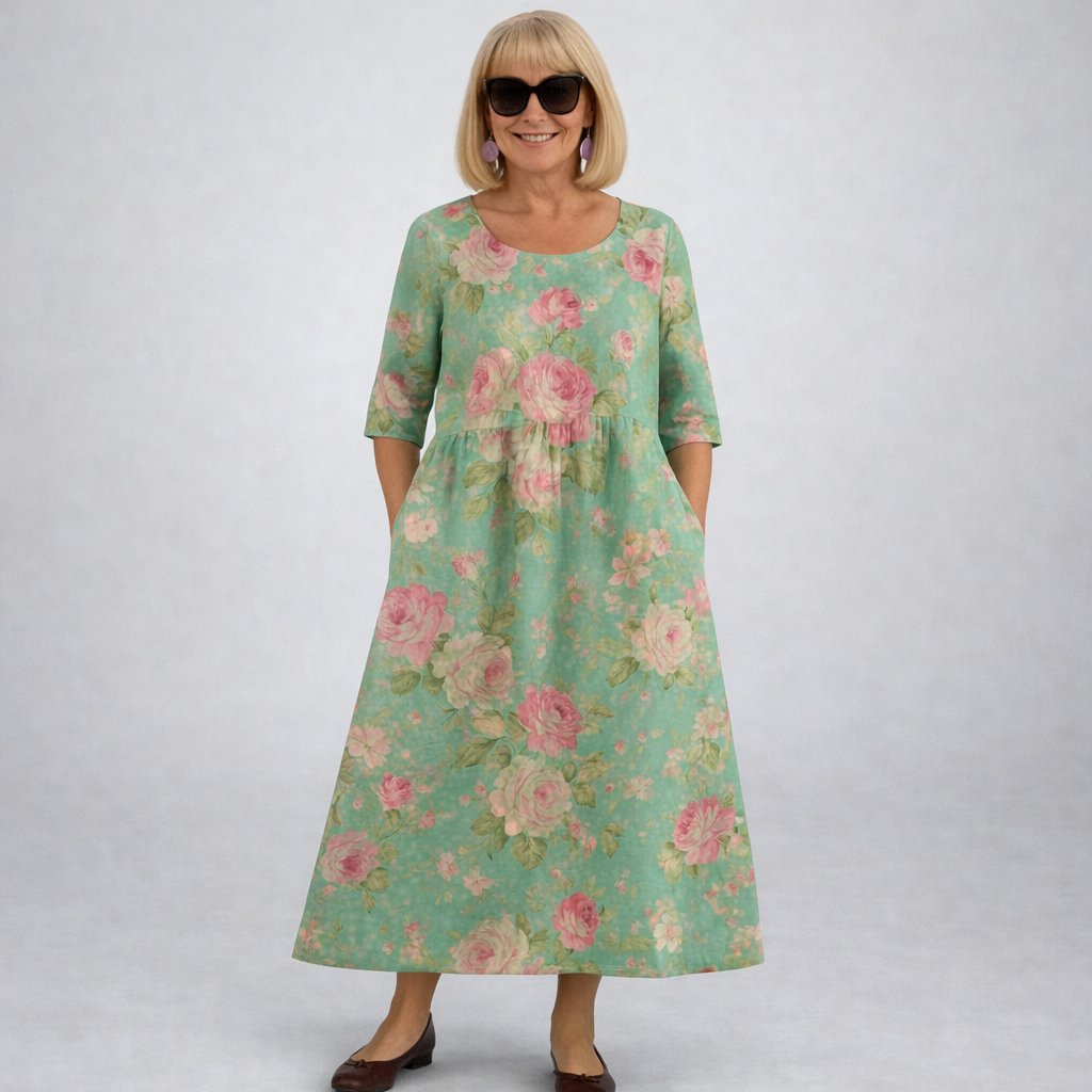 Robe midi fleurie Danoir Paris Brittany avec poches, bleu marine, manches courtes, style élégant et féminin.