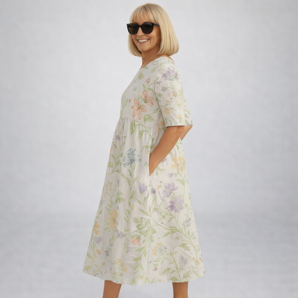 Robe midi fleurie Danoir Paris Brittany avec poches, bleu marine, manches longues, style élégant et confortable pour femme.
