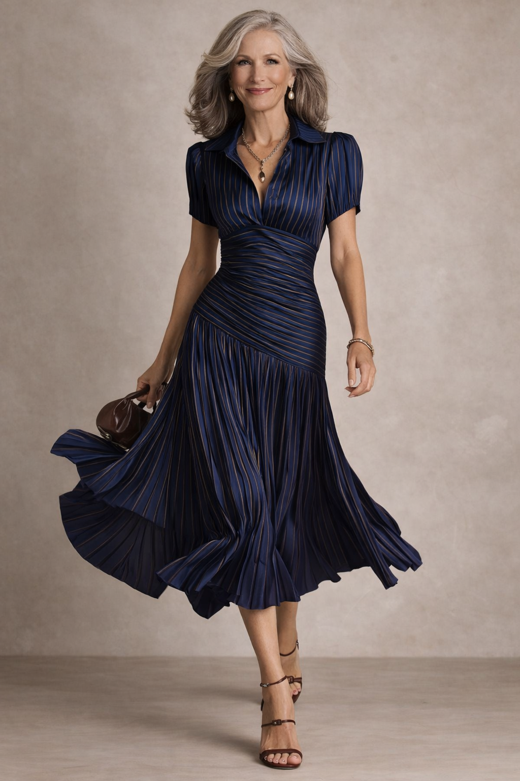 Robe midi Heidi Danoir Paris bleu marine, fluide avec décolleté en V et manches longues, portée élégante et sophistiquée.