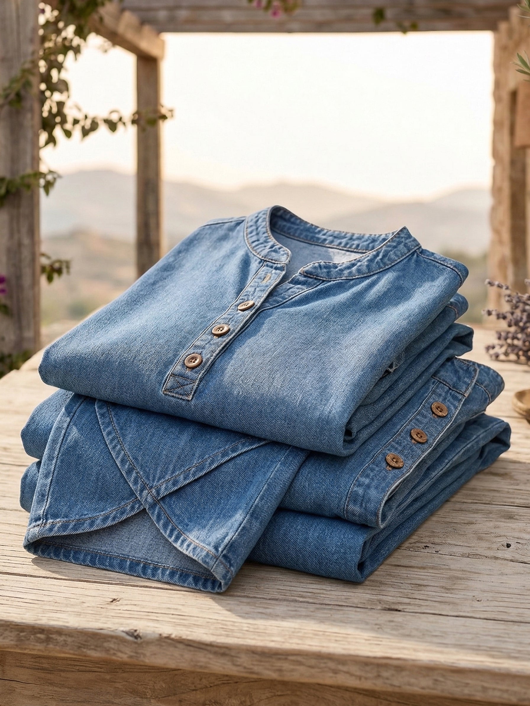 Ensemble deux pièces en jean pour femmes à manches courtes de Danoir Paris, couleur marine, taille XS.