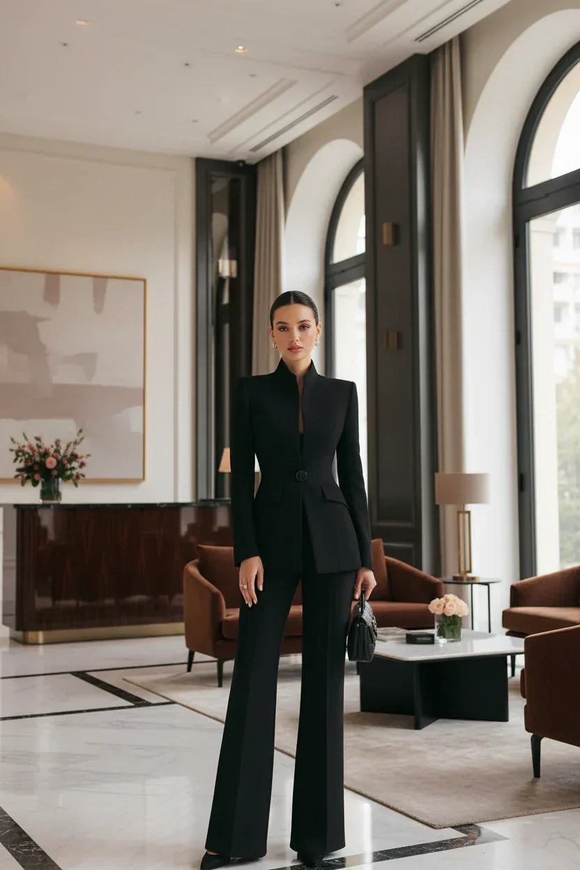 Ensemble blazer et pantalon palazzo noir Danoir Paris, mode élégante, tissu fluide et coupe sophistiquée.