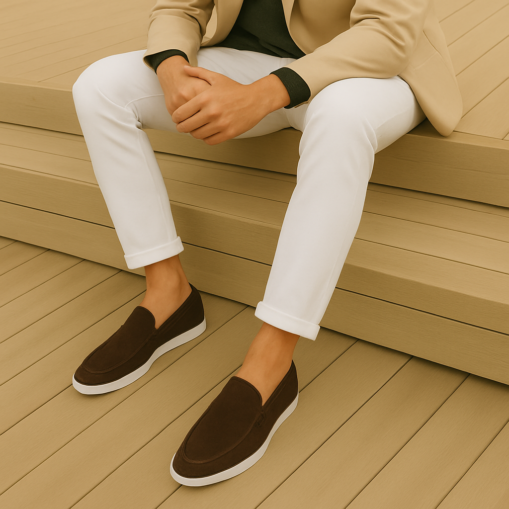 Mocassins élégantes Danoir Paris en daim noir, style sophistiqué, pour femmes, vue de face avec semelle en cuir.