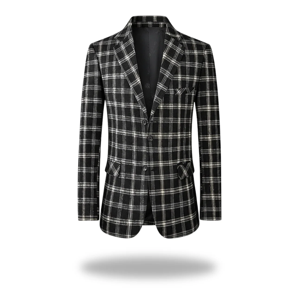 Blazer moderne pour hommes de la marque Danoir Paris, coupe élégante, en tissu noir avec détails sophistiqués.