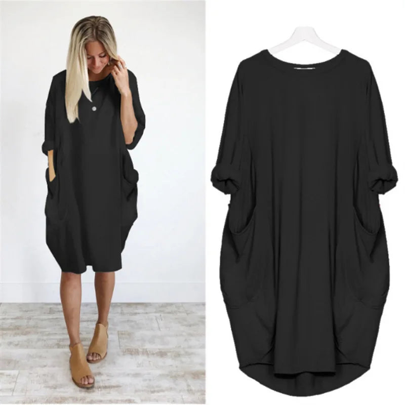 Robe décontractée légère Bianca de Danoir Paris, tissu fluide noir avec coupe élégante, portée décontractée.