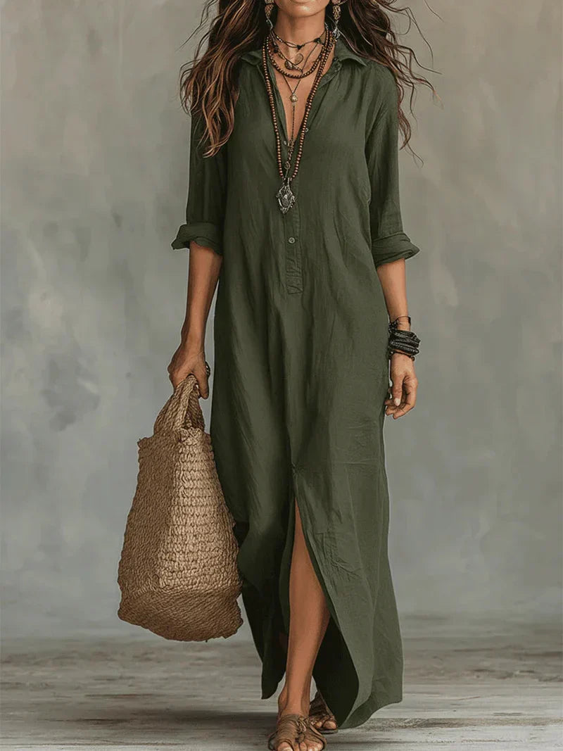 Robe maxi noire ample Céline™ avec boutons, vue détaillée, par Danoir Paris. Style élégant et confortable.