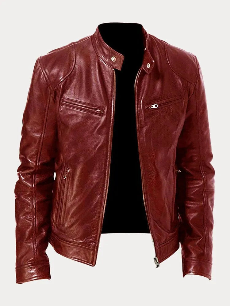 Veste en cuir noire Danoir Paris™ avec col enroulé et fermeture éclair, portée sur un mannequin.