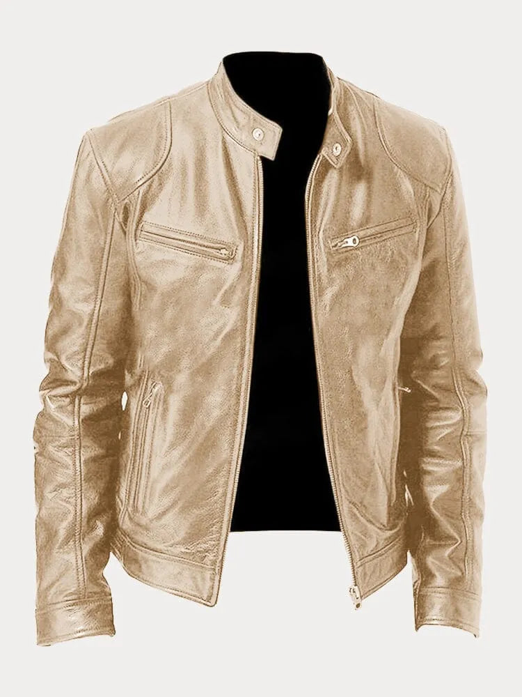 Veste en cuir noire Danoir Paris™ avec col montant et fermeture éclair, vue de face.
