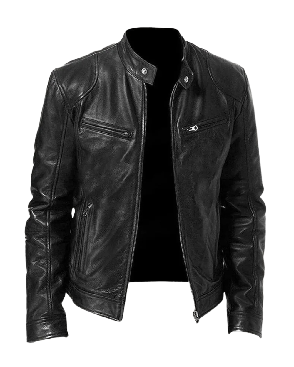 Veste en cuir noire Danoir Paris™, style élégant avec coupe ajustée et détails sophistiqués, vue de face sur mannequin.