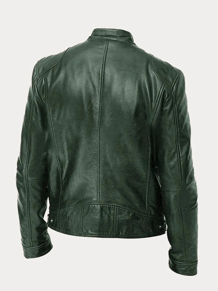Veste en cuir noire Danoir Paris™, coupe classique, détails élégants, visible sur mannequin.