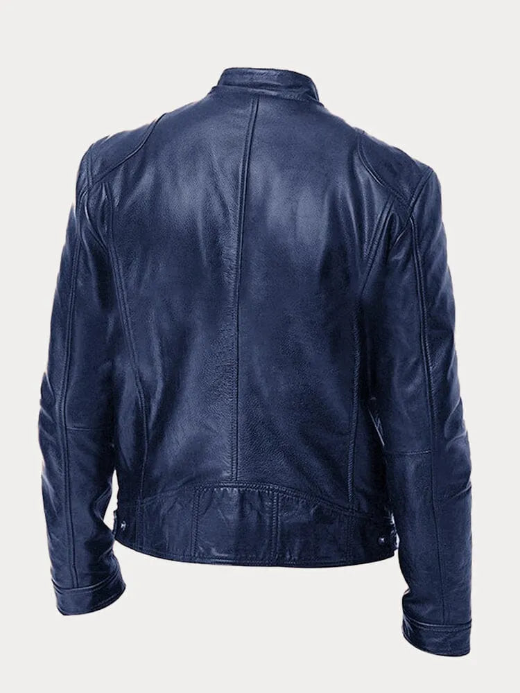Veste en cuir noire Danoir Paris™ avec col montant et fermeture éclair, vue de face sur un fond neutre.