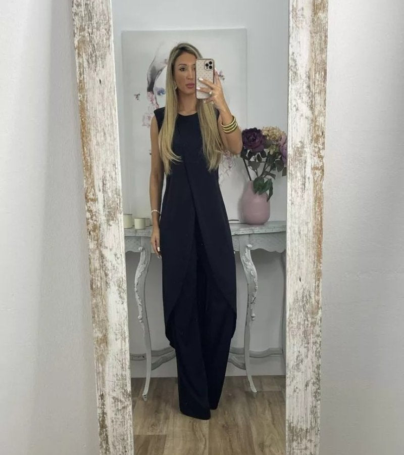 Ensemble chic sans manches Flavia de Danoir Paris, vêtement élégant noir pour femme, vue de face.