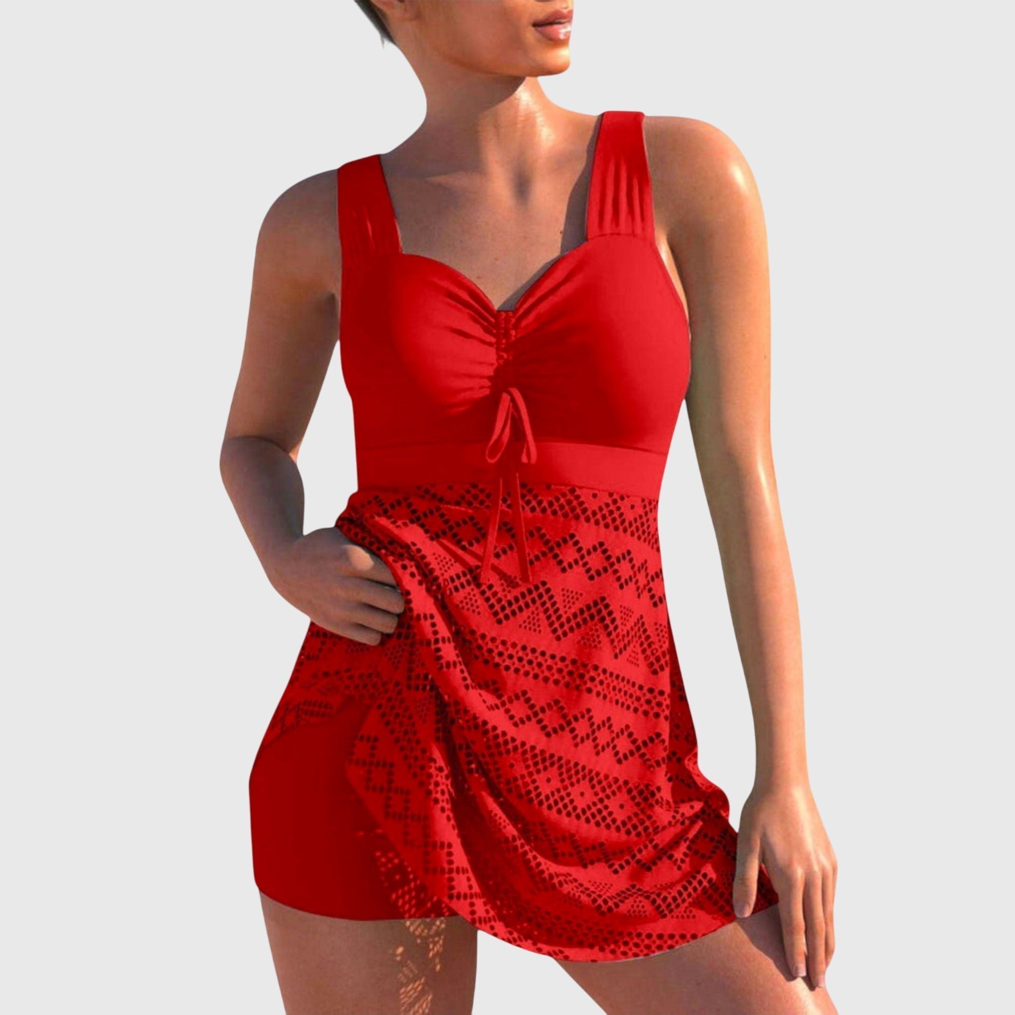 Maillot de bain deux pièces Danoir Paris Isabella avec jupe noire, vue en gros plan, détails du tissu et style élégant.