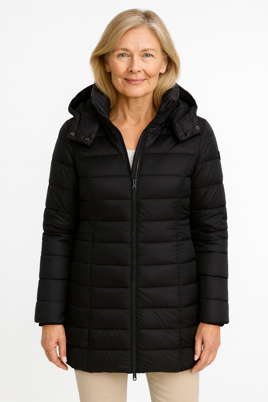 Doudoune élégante d'hiver Danoir Paris en noir, veste chaude et stylée avec capuche pour femmes.