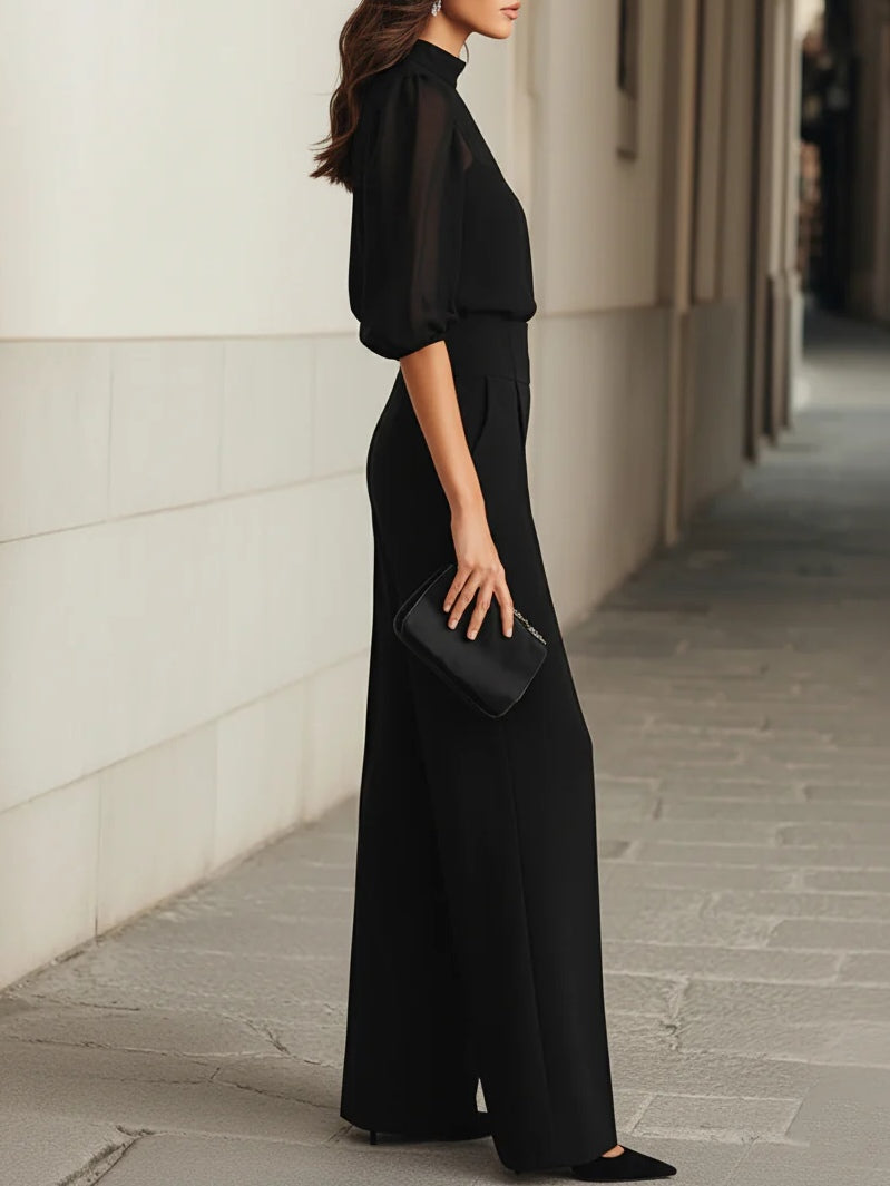 Ensemble élégant 3 pièces Emma™ de Danoir Paris, noir, avec chemise, pantalon et veste, porté par un mannequin.