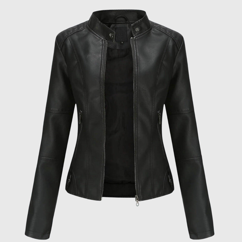 Veste en cuir noir Giorgina™ pour femmes de Danoir Paris, élégante et ajustée, affichée sur mannequin avec détails sophistiqués
