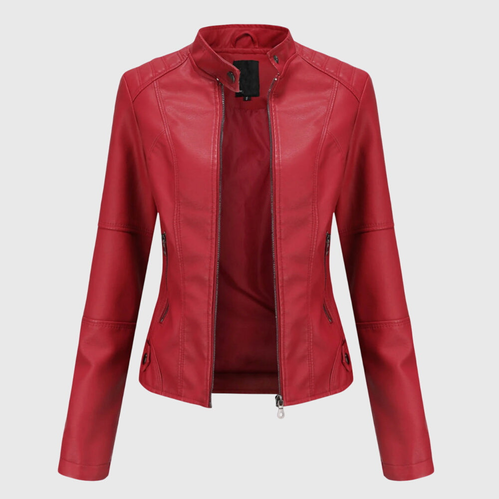 Veste en cuir élégante Giorgina™ pour femmes, noir, coupe ajustée, visible sur une mannequin, de marque Danoir Paris.