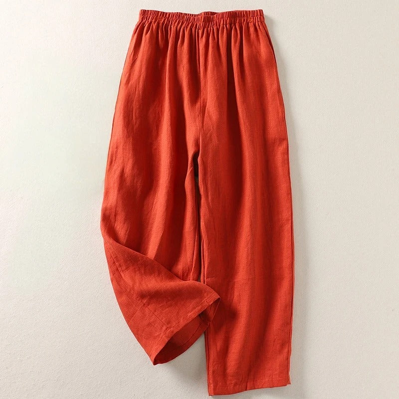 Pantalon fluide en coton et lin Amalia™ de Danoir Paris, couleur orange, ajusté à la taille, tissu léger et respirant.