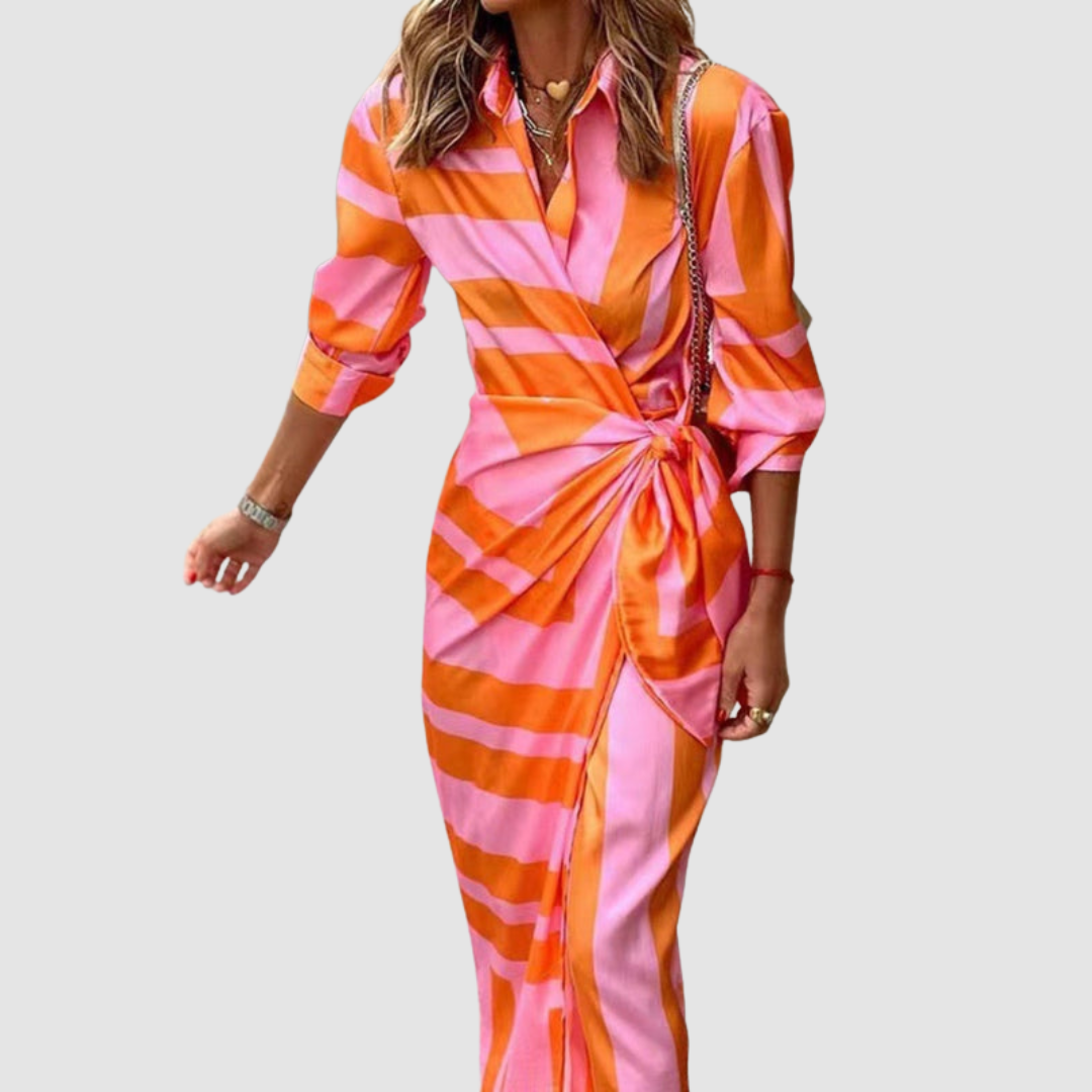 Robe élégante à rayures orange et rose Cecilia™ de Danoir Paris, vêtement féminin avec motif sophistiqué et coupe flatteuse