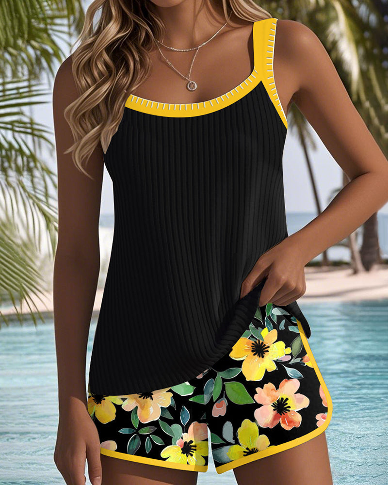 Ensemble de tankini côtelé Federica de Danoir Paris en orange, comprenant un haut et un short de bain pour femme.