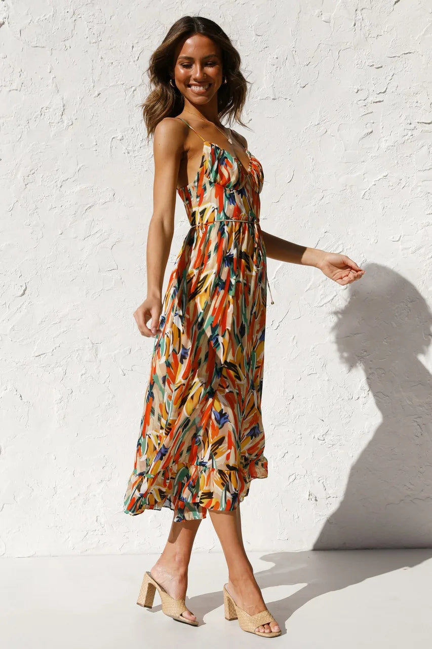 Robe fluide orange Élégante Serene de Danoir Paris, vue de face, tissu léger et silhouette raffinée.